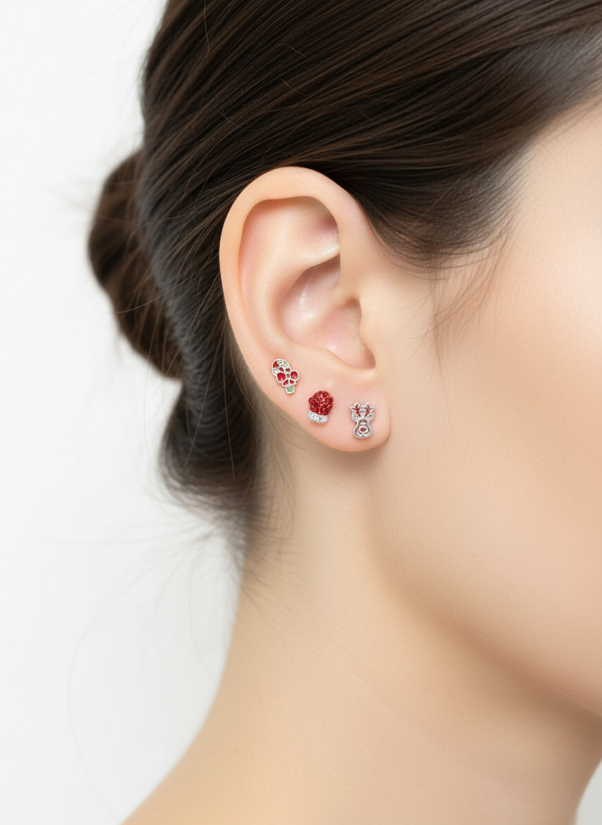 Christmas Mini Barbell Stud Earrings – Tree, Candy Cane, Gift, Rudolph – Handmade in Korea