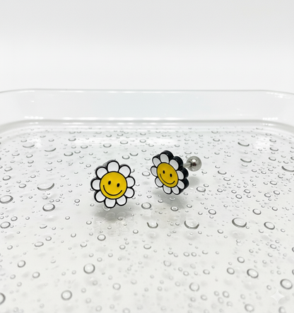 Smiley Flower Barbell Earring – White / Multicolor / Yellow | Handmade Korea