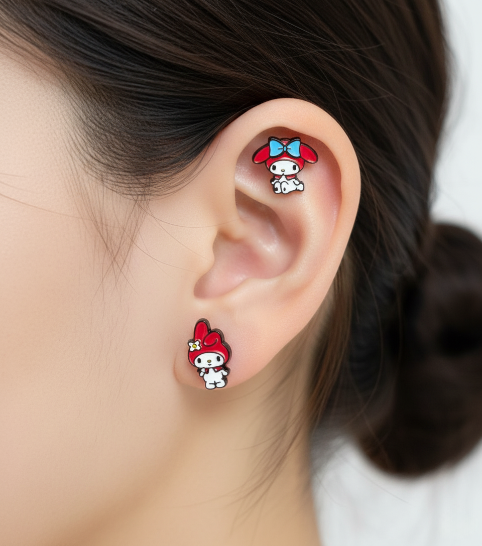 My Melody barbell stud earring on ear close up