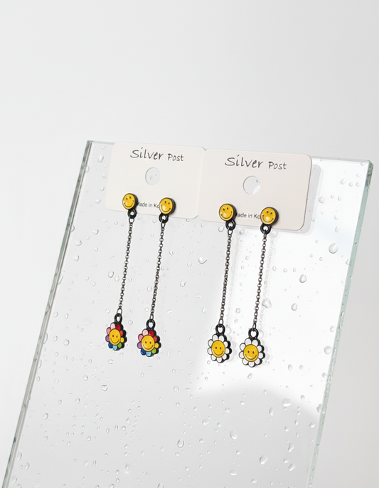 Smiley Daisy Long Drop Earrings – Silver Post, Handmade in Korea