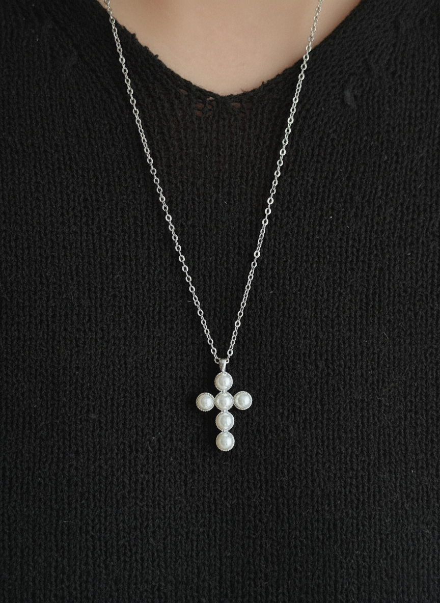 Sterling Silver Pearl Cross Necklace with Swarovski Pearls
