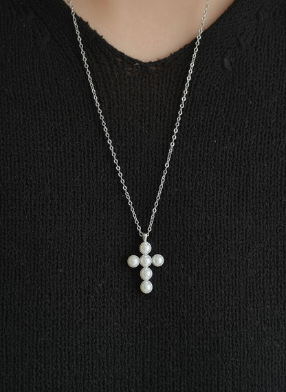 Sterling Silver Pearl Cross Necklace with Swarovski Pearls