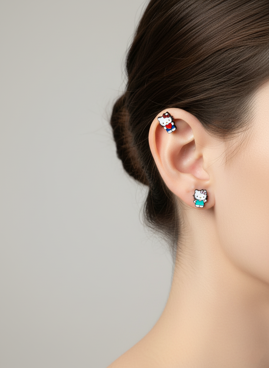 Red heart Hello Kitty worn on helix and mint-dress Hello Kitty on lobe for a playful layered earring look.