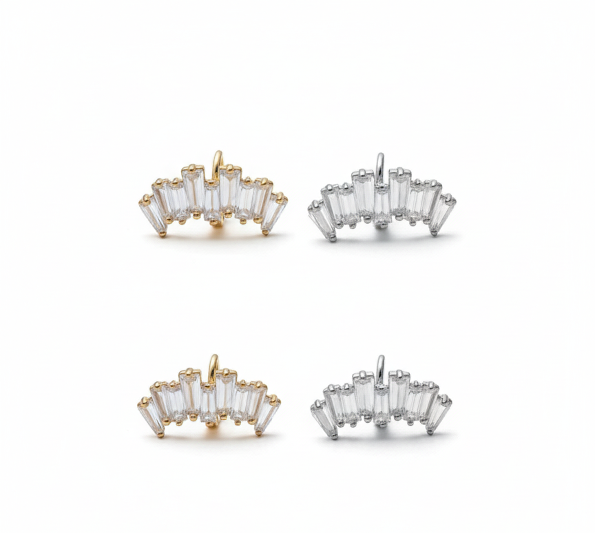 Gold and silver baguette-cut cubic zirconia ear cuffs photographed on a bright white background, brass material, handmade in Korea.