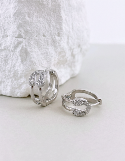 Pave Safety Pin Huggie Hoop Earrings Gold Silver