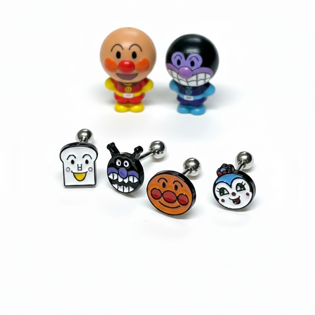 Full Anpanman earring set in front of Anpanman and Baikinman figures – includes all 4 characters.