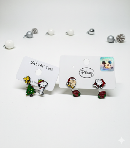 Christmas Snoopy & Woodstock 2-Way Drop Earrings – Handmade in Korea, Sterling Silver