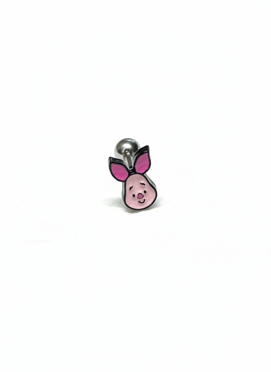 Single Piglet character barbell earring with pink enamel finish placed on white background.