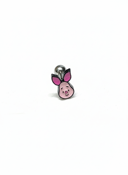 Single Piglet character barbell earring with pink enamel finish placed on white background.