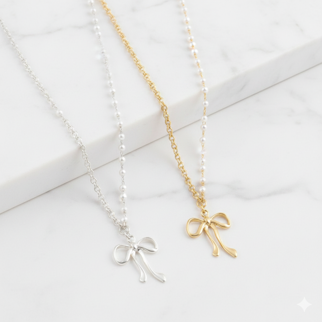 Pearl Chain Ribbon Pendant Necklace in Gold and Silver