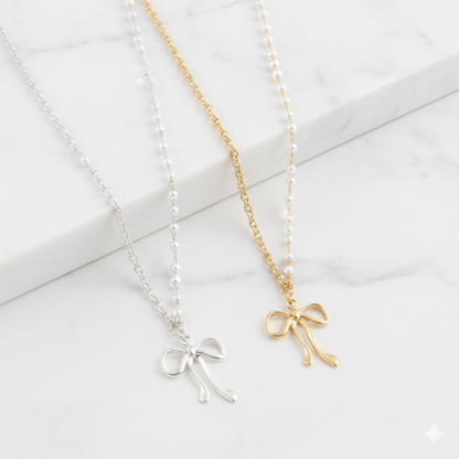 Pearl Chain Ribbon Pendant Necklace in Gold and Silver