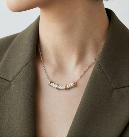 925 Sterling Silver Two-Tone Curved Bar Necklace with Gold X Cross
