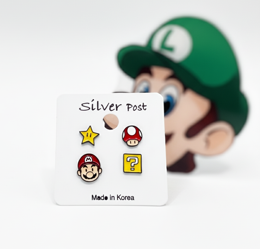 Super Mario Inspired Silver Post Earrings Set – 4 Piece Character Studs – Handmade in Korea