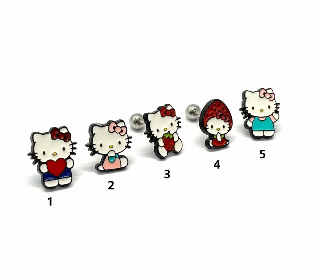Five different Hello Kitty earrings including heart, ribbon, strawberry, and mint outfit variations, arranged in a clean product layout