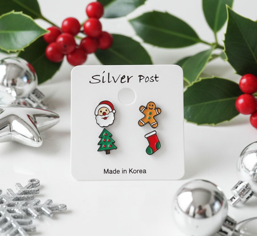 Christmas Mismatched Stud Earrings 2Types – Silver Post Handmade in Korea