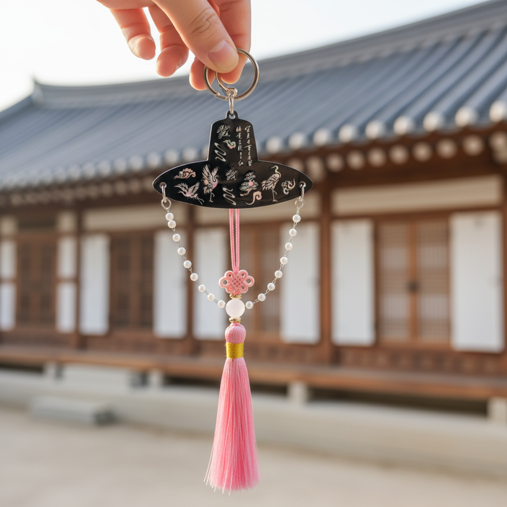 Hand holding a pair of Korean-style gat tassel keychains with mother-of-pearl and pearl detailing in front of a traditional house.