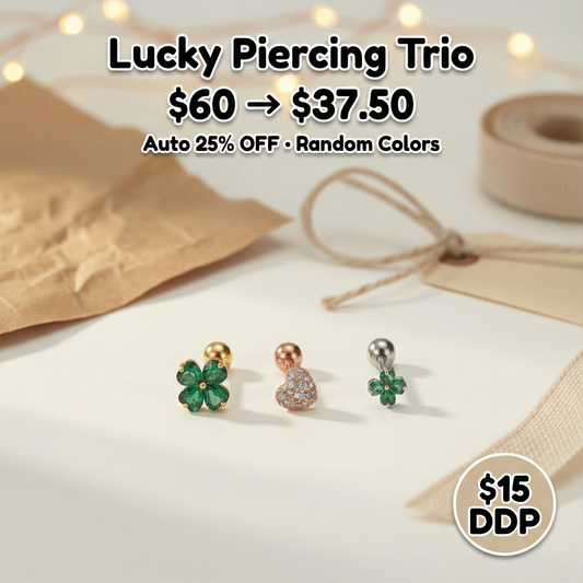 Lucky Piercing Trio – Clover & Pavé Heart Barbell Studs