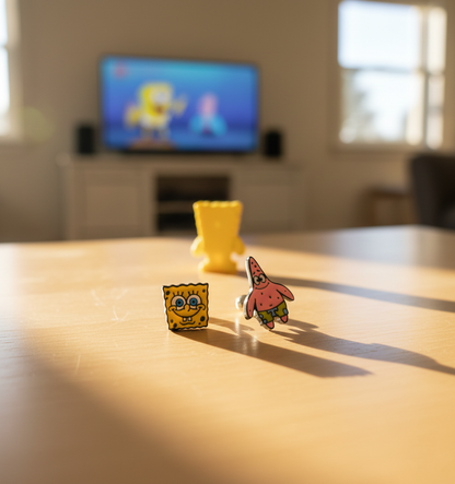 Close-up of SpongeBob and Patrick enamel earrings placed on a wooden table with cartoon figures and TV playing in the background