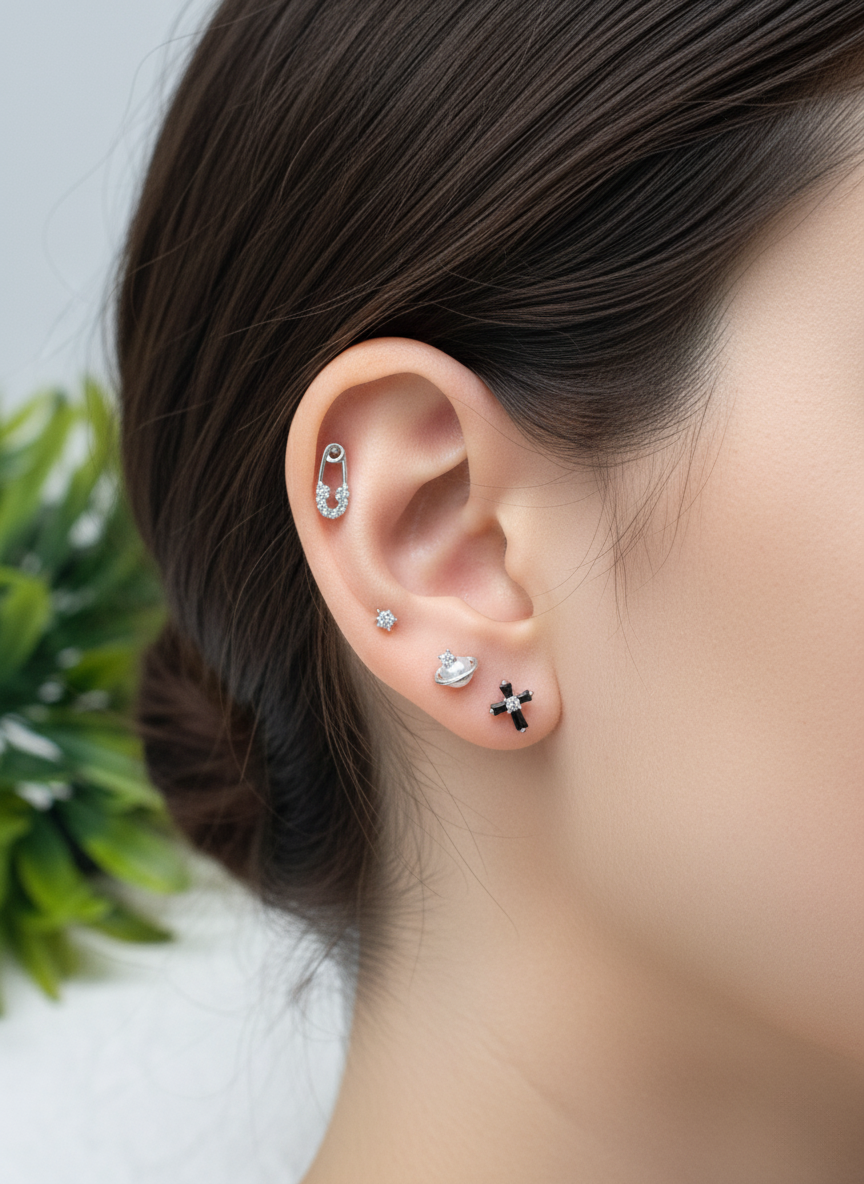 Woman wearing minimal CZ safety pin earring