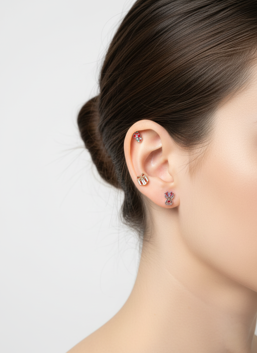 Christmas Mini Barbell Stud Earrings – Tree, Candy Cane, Gift, Rudolph – Handmade in Korea