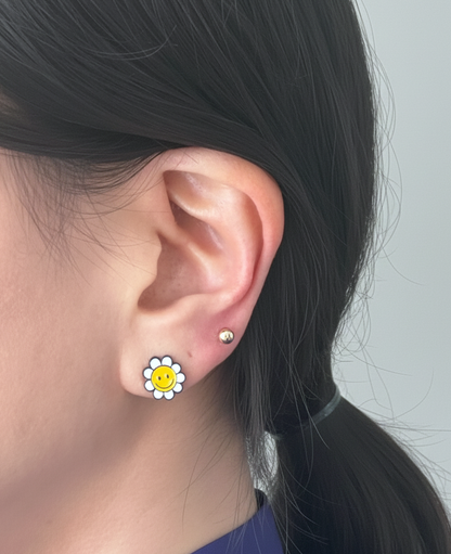 Smiley Flower Stud Earrings in White & Multicolor – Handmade in Korea