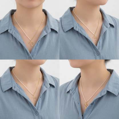 Pearl Chain Ribbon Pendant Necklace in Gold and Silver