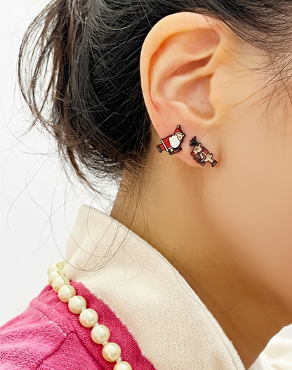 Santa & Rudolph Silver Post Earrings – Handmade in Korea