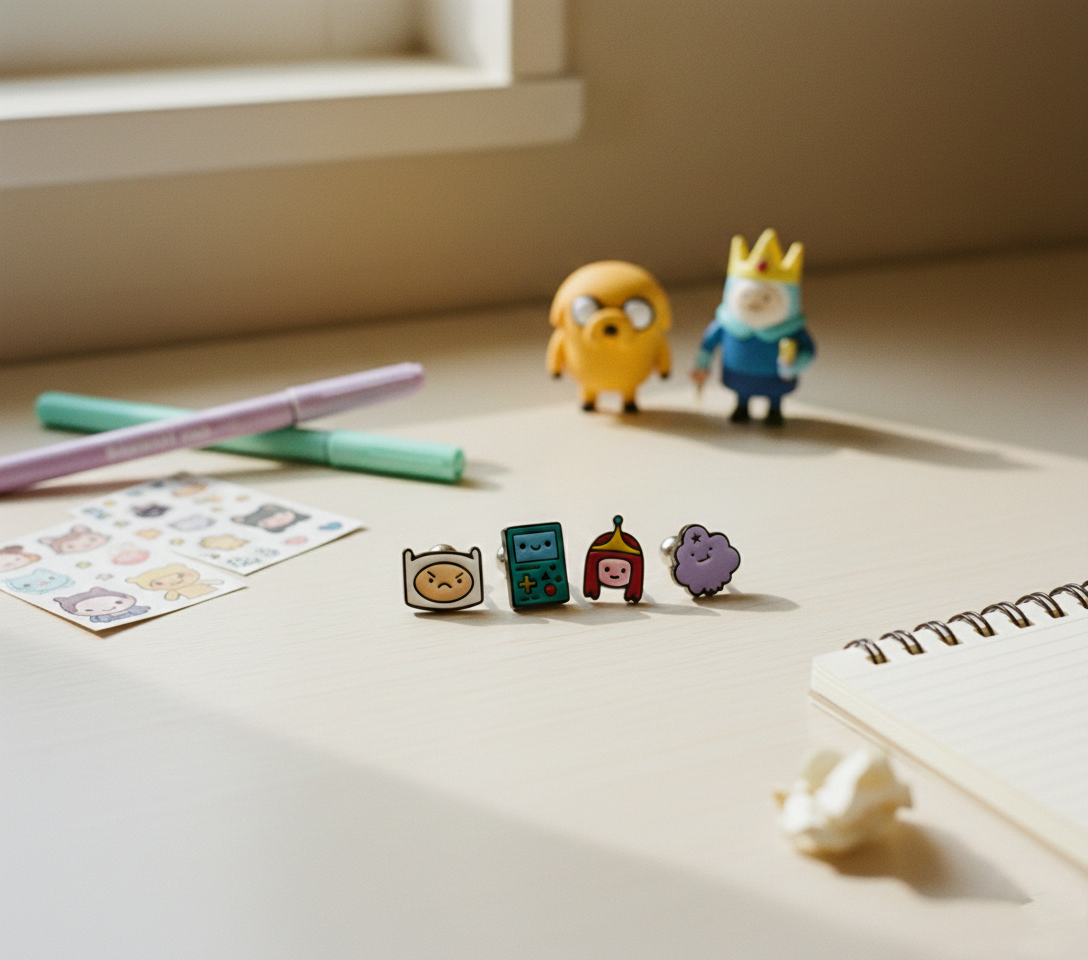Adventure Time enamel earrings styled on a desk with Jake and Ice King figurines in the background—playful workspace scene.