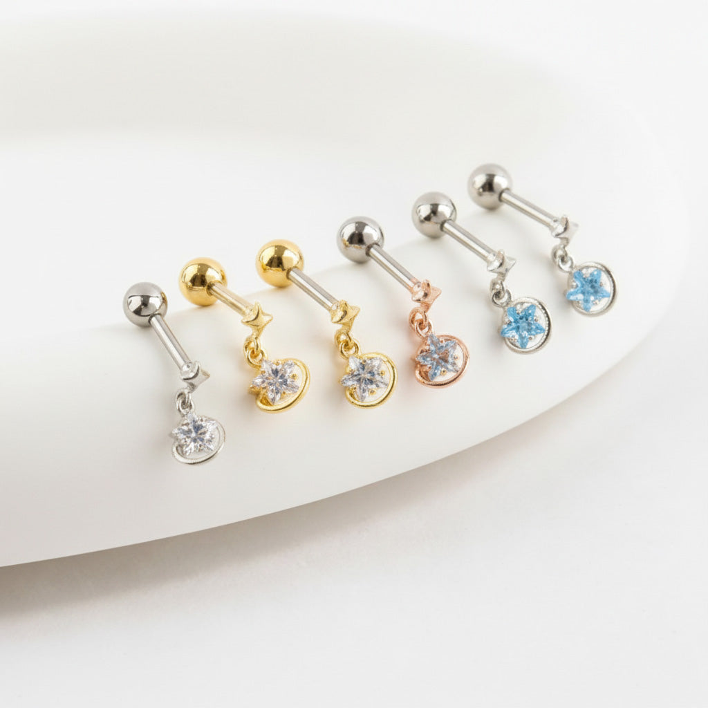 Planet Dangle Star Barbell Stud – Surgical Steel Bar, Clear/Blue CZ, Silver·Gold·Rose Gold