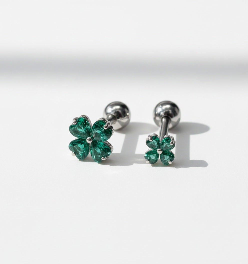 Silver green clover barbell studs large mini four leaf clover CZ cartilage helix piercing Korean handmade