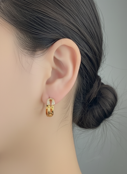 Pave Safety Pin Huggie Hoop Earrings Gold Silver