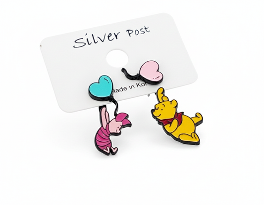 Pooh-Inspired Heart Balloon Two-Way Drop Earrings – Silver Post