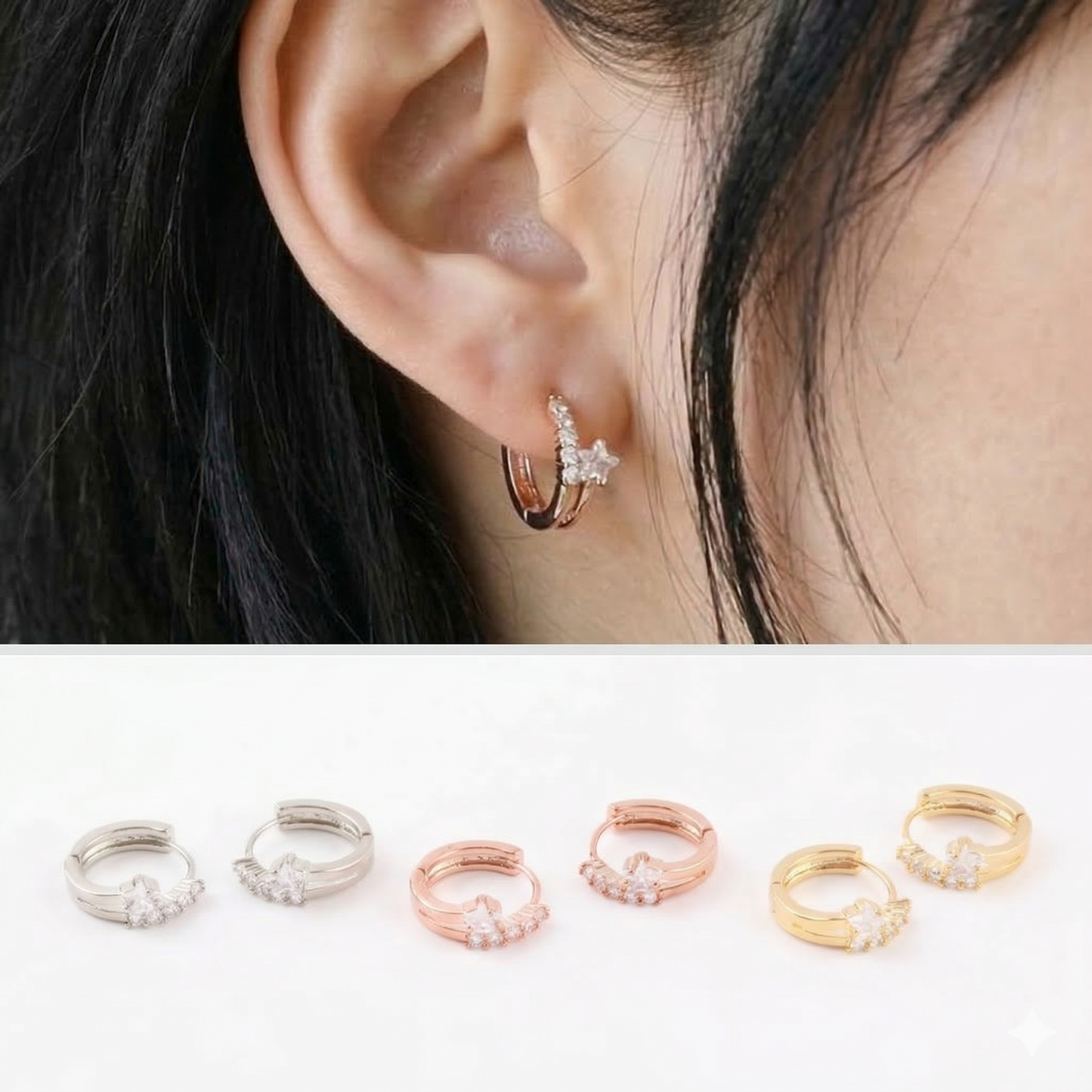 Star CZ Double-Row Huggie Hoop Earrings – Gold, Silver & Rose Gold