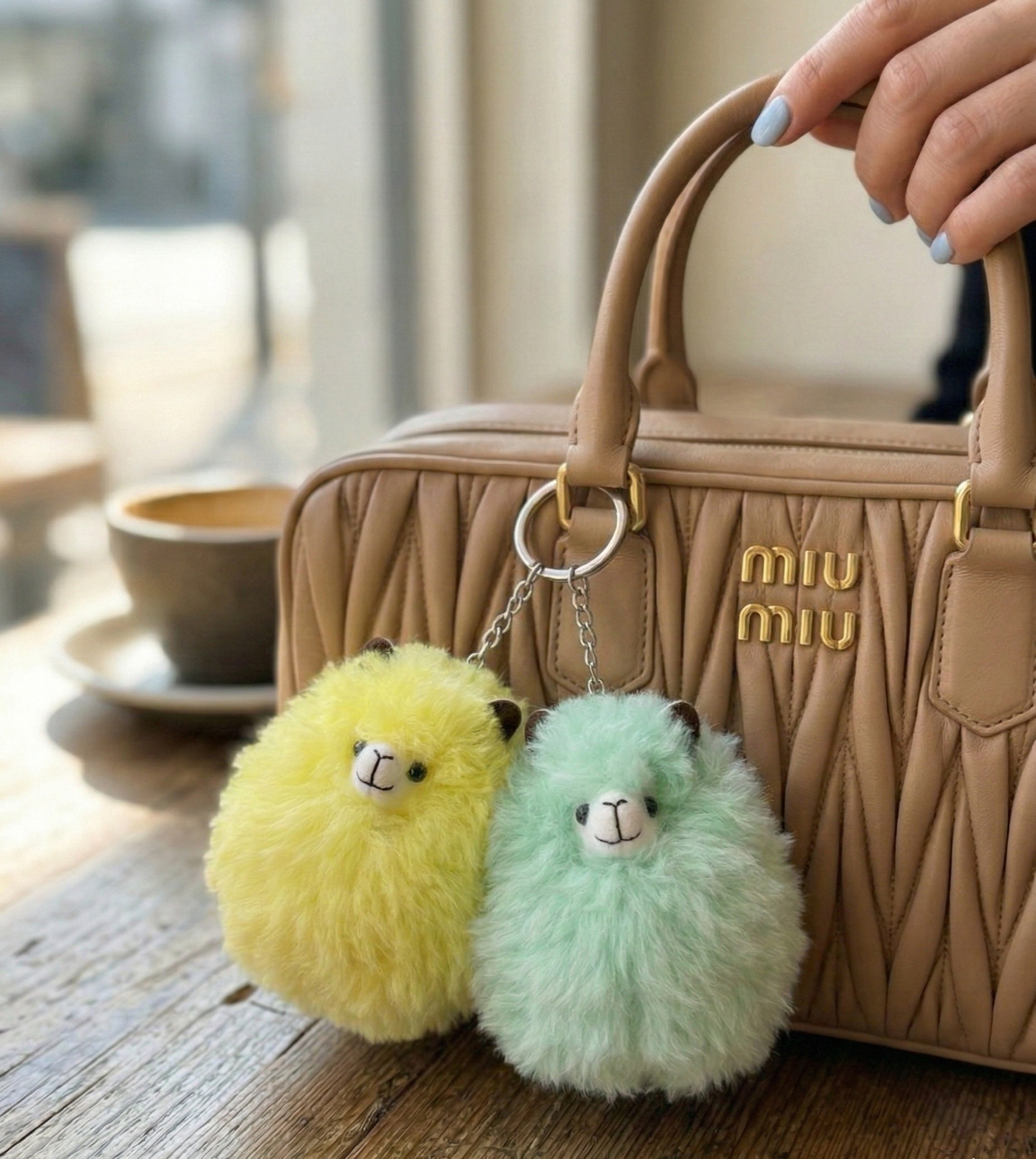 Two fluffy keychains shaped like llamas in front of a Miu Miu handbag.