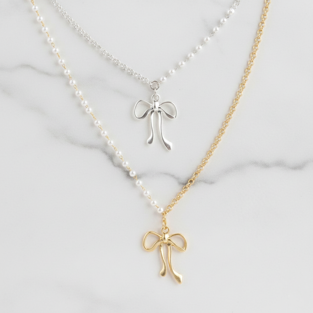 Pearl Chain Ribbon Pendant Necklace in Gold and Silver
