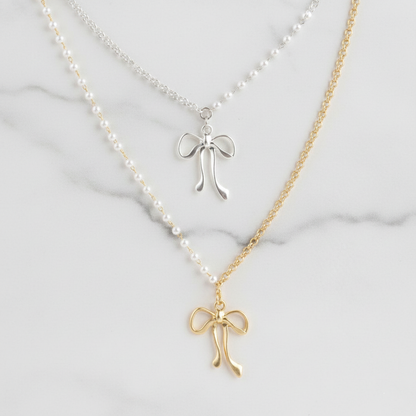 Pearl Chain Ribbon Pendant Necklace in Gold and Silver