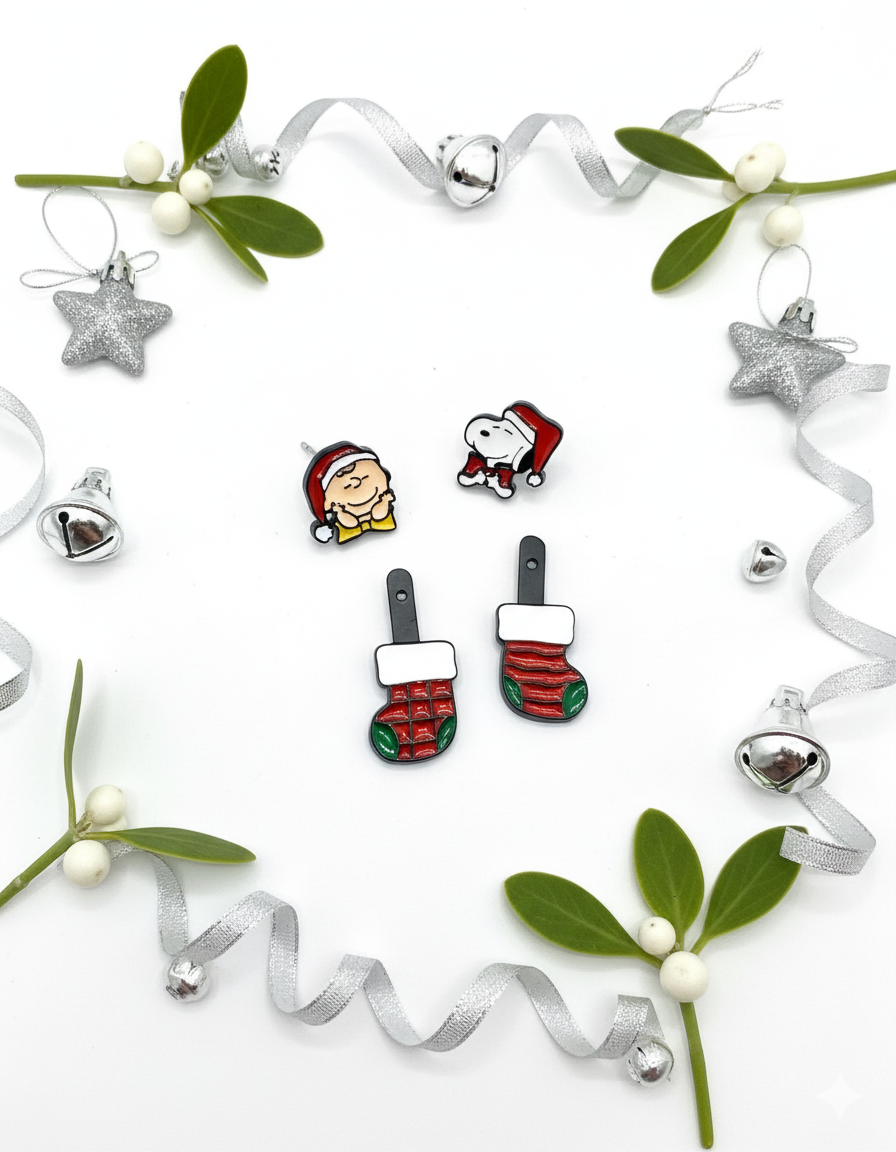 Christmas Snoopy & Woodstock 2-Way Drop Earrings – Handmade in Korea, Sterling Silver
