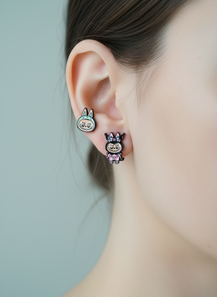 Labubu-Inspired Bunny Barbell Earring Custom Handmade Costume Series