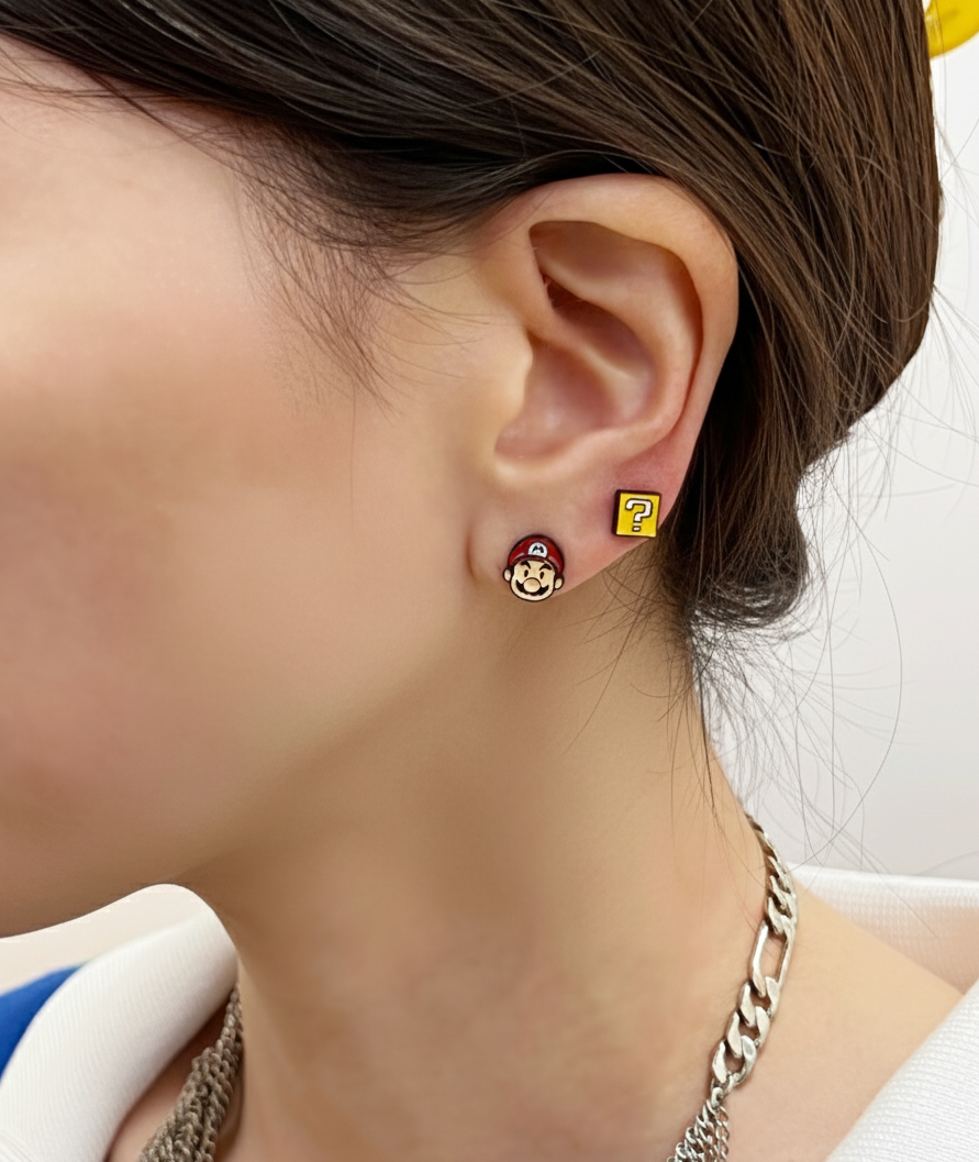 Super Mario Inspired Silver Post Earrings Set – 4 Piece Character Studs – Handmade in Korea