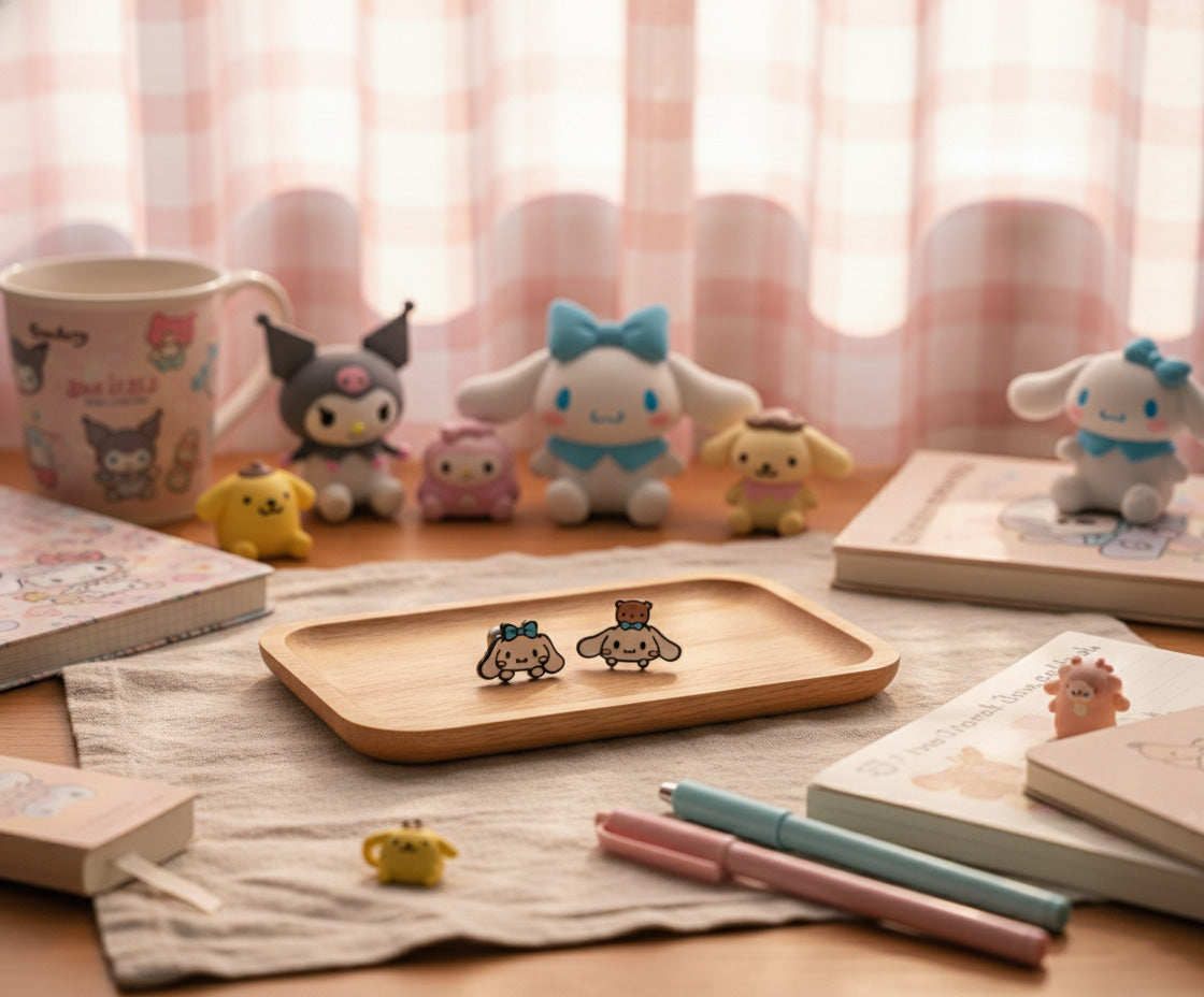 Cinnamoroll piercing collection displayed on pastel desk with Sanrio plushies, kawaii aesthetic lifestyle shot showing 2 character designs