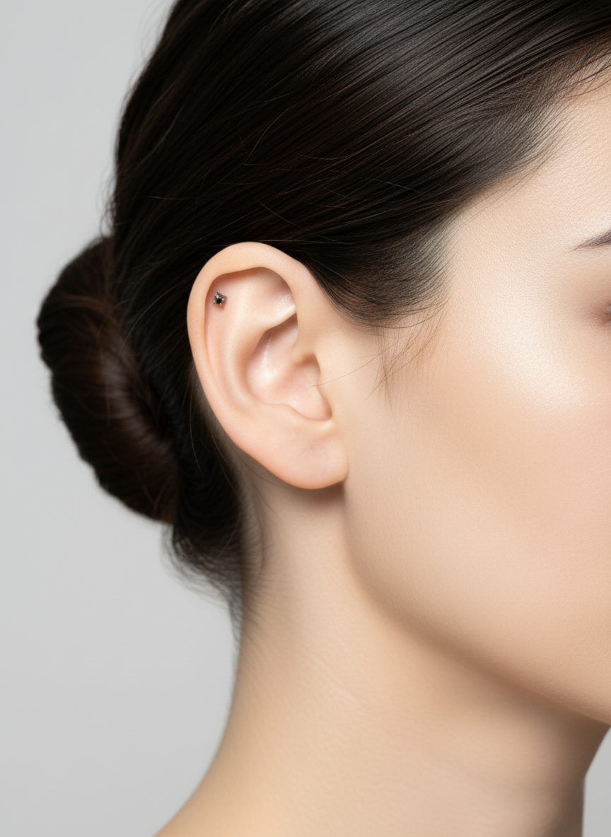 Side profile showing a single minimalist barbell on the inner cartilage. The ear is clean and unadorned, emphasizing a simple, modern vibe.