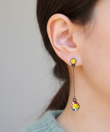 Smiley Daisy Long Drop Earrings – Silver Post, Handmade in Korea