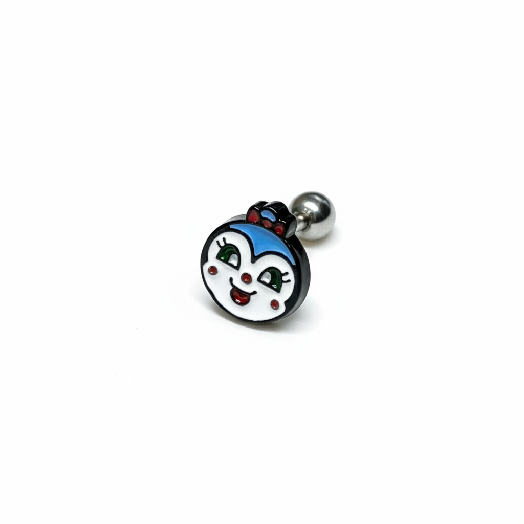 Single Dokinchan character barbell earring with blue ribbon and smile.