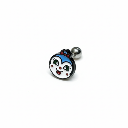 Single Dokinchan character barbell earring with blue ribbon and smile.