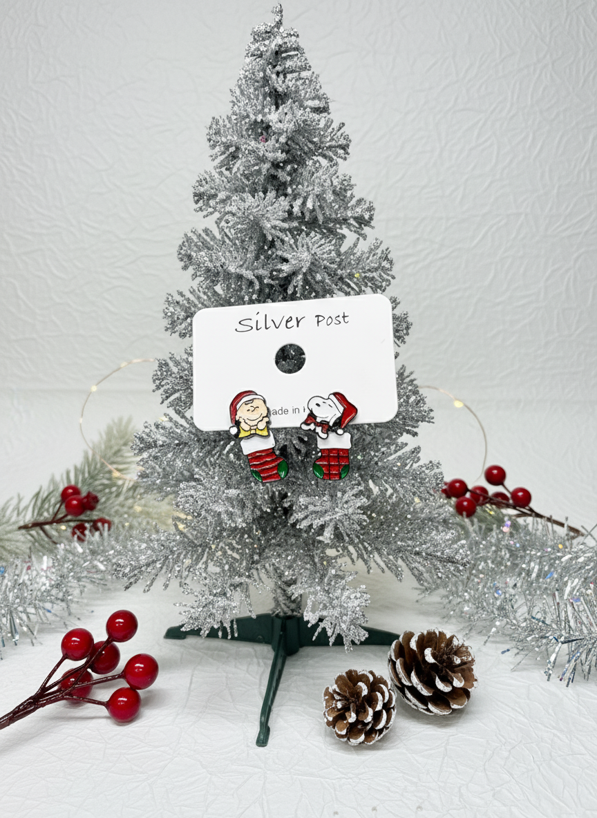 Christmas Snoopy & Woodstock 2-Way Drop Earrings – Handmade in Korea, Sterling Silver
