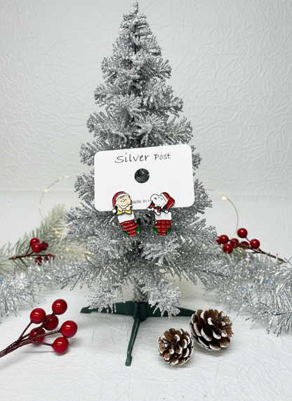 Christmas Snoopy & Woodstock 2-Way Drop Earrings – Handmade in Korea, Sterling Silver