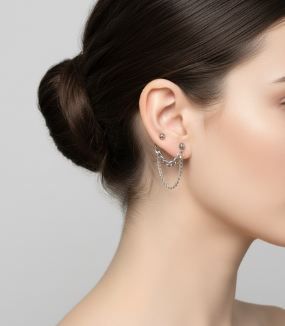 Double Chain Barbell Ball Earring in Surgical Steel Cartilage Barbell Stud