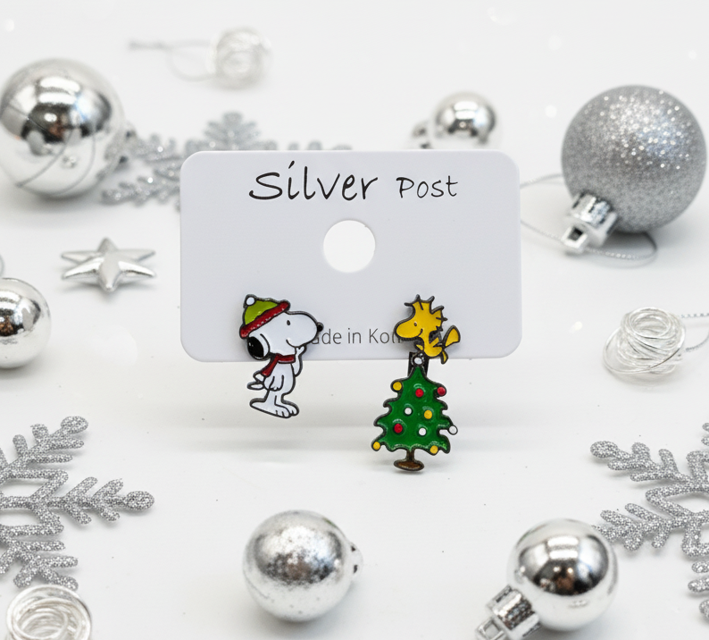 Christmas Snoopy & Woodstock 2-Way Drop Earrings – Handmade in Korea, Sterling Silver
