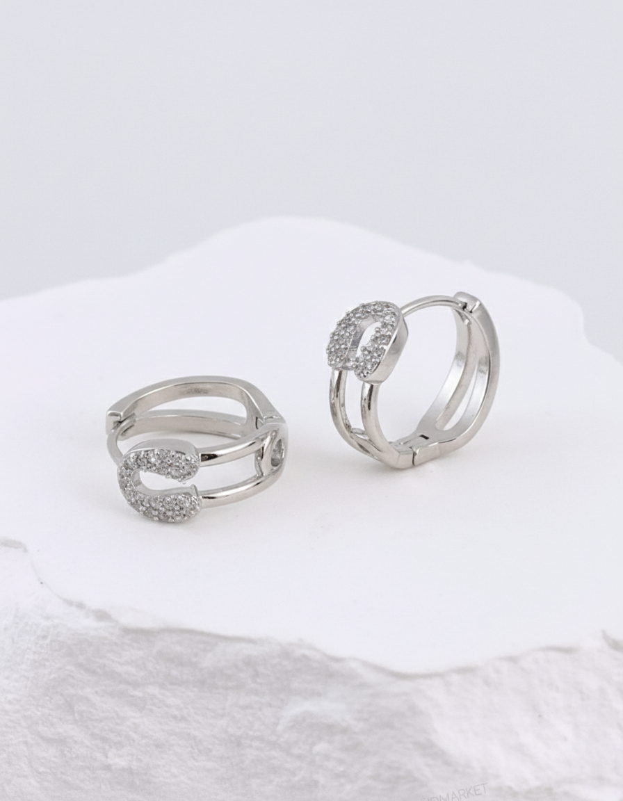 Pave Safety Pin Huggie Hoop Earrings Gold Silver