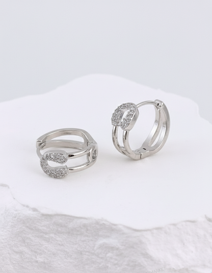 Pave Safety Pin Huggie Hoop Earrings Gold Silver